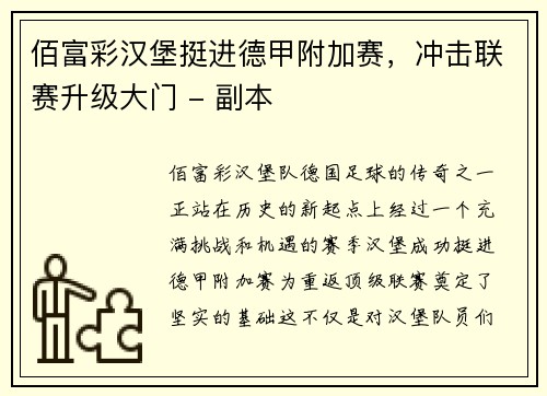 佰富彩汉堡挺进德甲附加赛，冲击联赛升级大门 - 副本