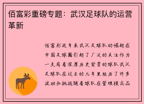佰富彩重磅专题：武汉足球队的运营革新