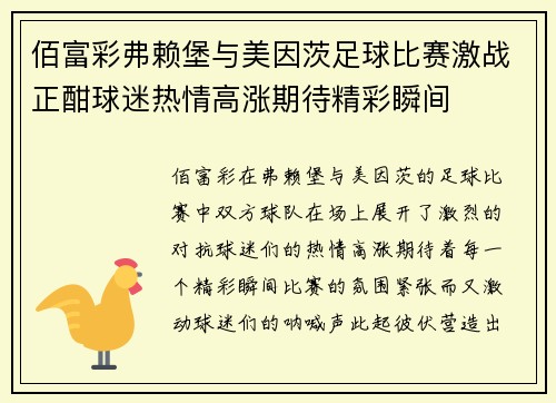 佰富彩弗赖堡与美因茨足球比赛激战正酣球迷热情高涨期待精彩瞬间